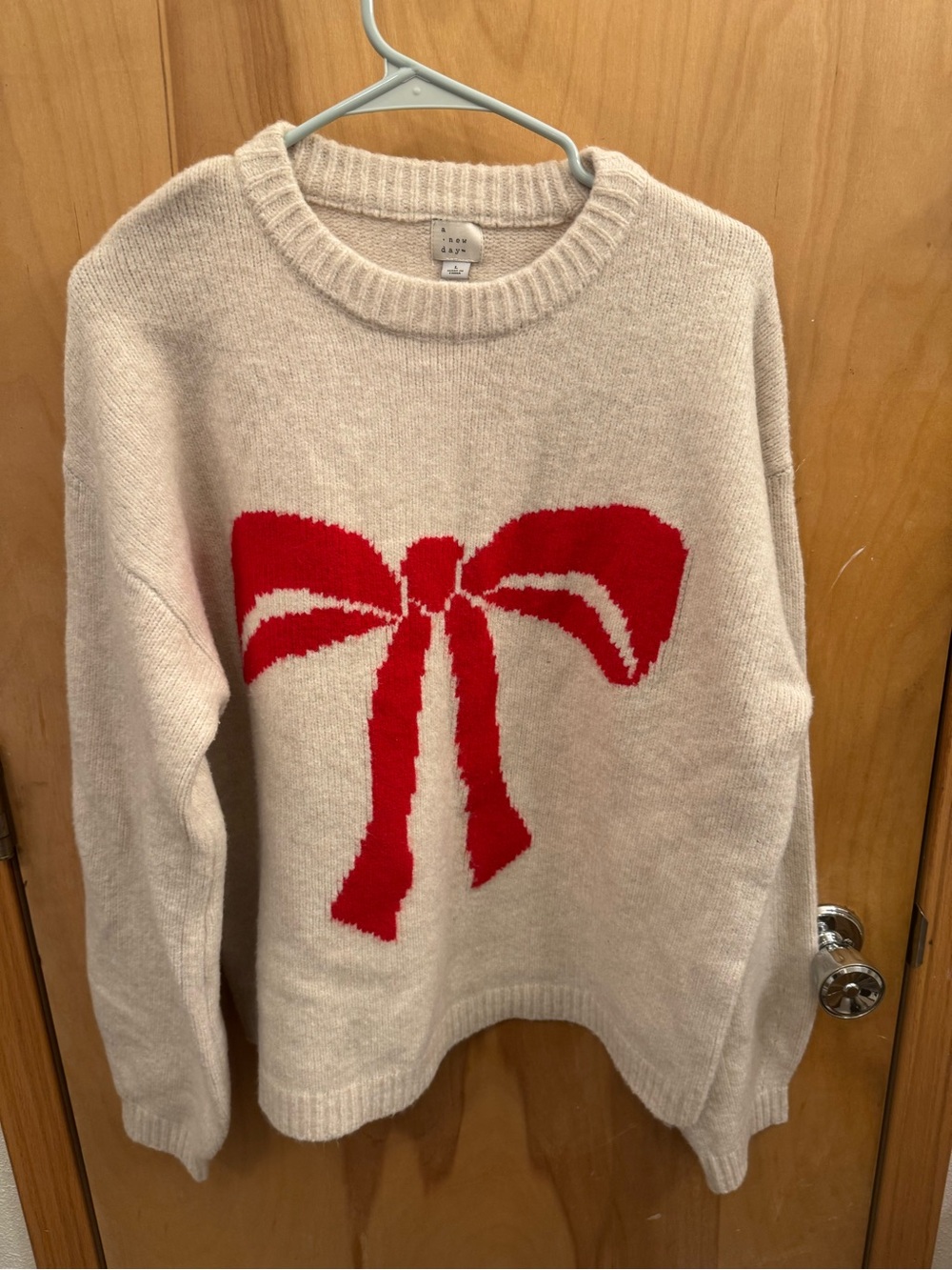 a new day Cream Crewneck Sweater with Red Bow Intarsia